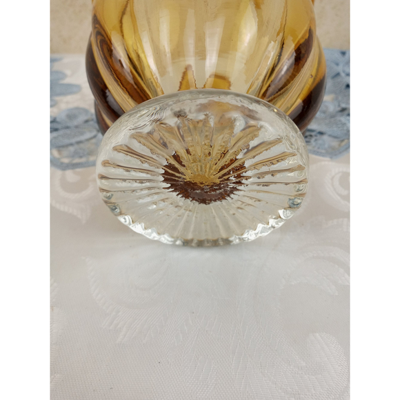 Blown Glass Compote Bowl/Candle Holder Amber Ribbed Bowl and Clear Pedestal 6" - Picture 3 of 6